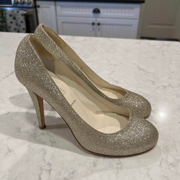 Something Bleu Women’s Slip On Peep Toe Dress Glitter Pump Heels Size 8.5 Gold - Picture 5 of 9